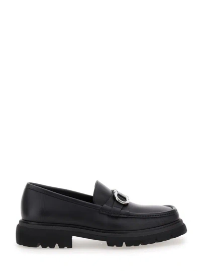 Ferragamo Black Loafers With Platform And Gancini Detail In Leather Man