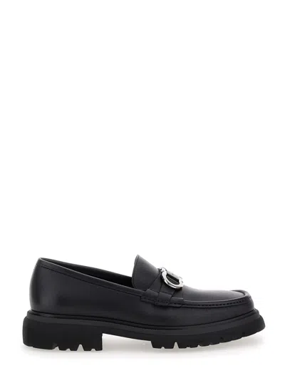 Ferragamo Black Loafers With Platform And Gancini Detail In Leather Man