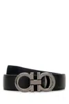 Ferragamo Adjustable Reversible Leather Belt With Textured Finish In Black