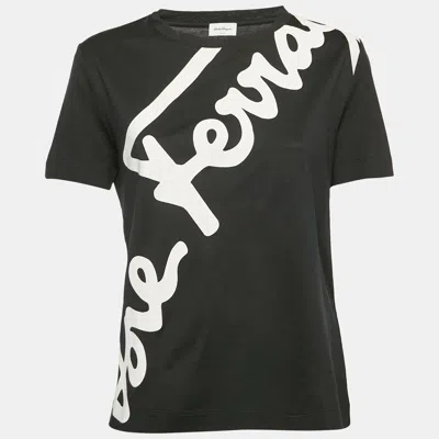 Pre-owned Ferragamo Black Logo Print Cotton Crew Neck T-shirt L