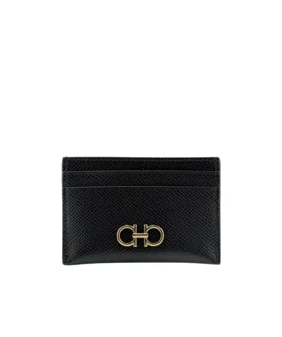 Ferragamo Black Card-holder With Gancini Detail In Hammered Leather