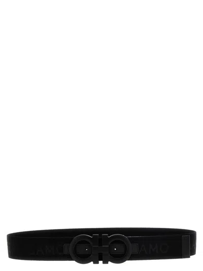 Ferragamo Adjustable Logo Tape Belt With Textured Finish In Black