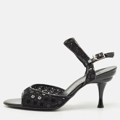 Pre-owned Ferragamo Black Mesh And Patent Leather Slingback Sandals Size 39