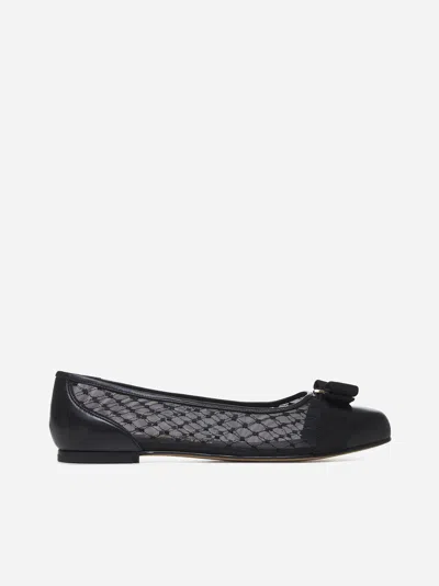 FERRAGAMO BLACK MESH VARINA BALLET FLATS