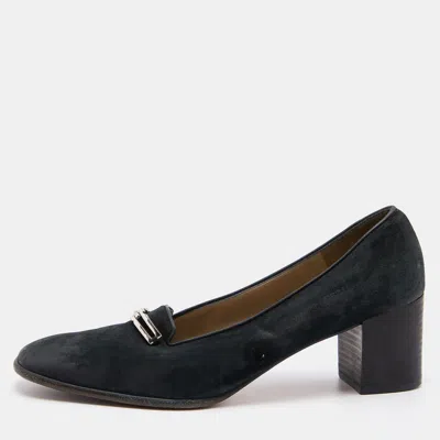 Pre-owned Ferragamo Black Nubuck Leather Block Heel Pumps Size 39.5