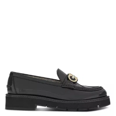 FERRAGAMO FERRAGAMO BLACK OFELIA LUG MOCCASIN WITH GANCINI ORNAMENT