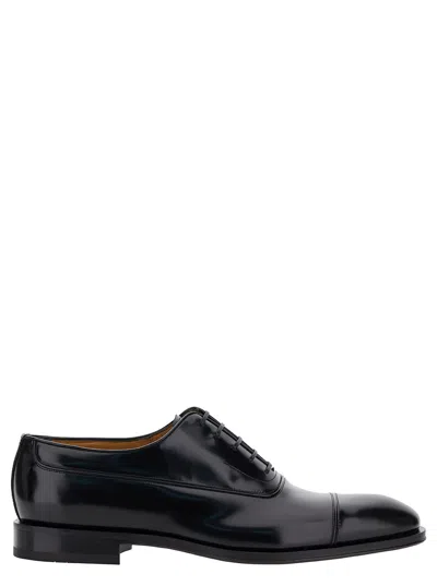 FERRAGAMO BLACK OXFORD LACE-UP WITH TOE CAP DETAIL IN BRUSHED LEATHER MAN