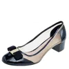 Ferragamo Black Patent Leather And Mesh Vara Bow Block Heel Pumps In Black
