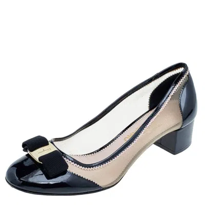 Ferragamo Black Patent Leather And Mesh Vara Bow Block Heel Pumps In Multi