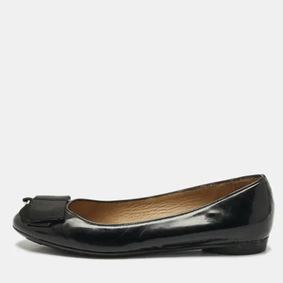 Pre-owned Ferragamo Black Patent Leather Bow Ballet Flats Size 35.5