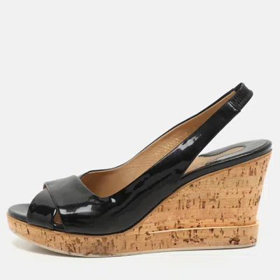 Pre-owned Ferragamo Black Patent Leather Cork Wedge Slingback Sandals Size 39.5