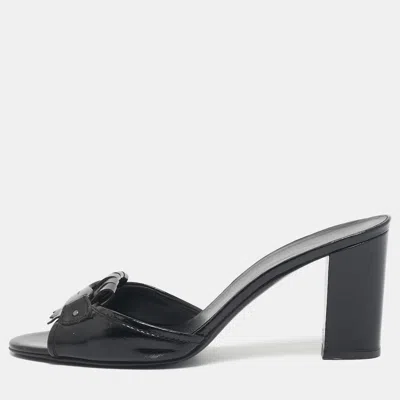 Ferragamo Black Patent Leather Fringe Bow Slide Sandals