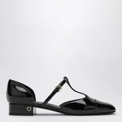 FERRAGAMO BLACK PATENT LEATHER LINETTE BALLERINA