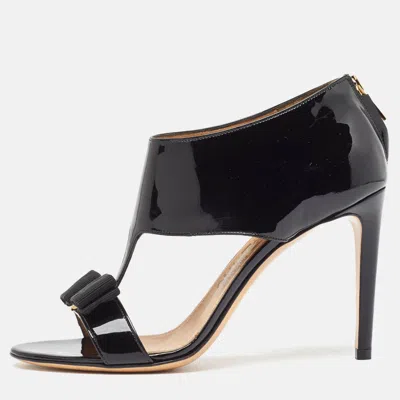 Pre-owned Ferragamo Black Patent Leather Pellas Vara Bow Sandals Size 36