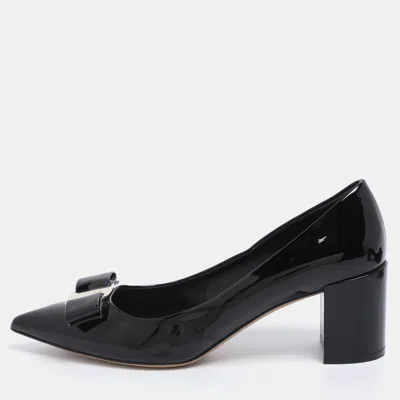 Pre-owned Ferragamo Black Patent Leather Vara Bow Block Heel Pumps Size 41