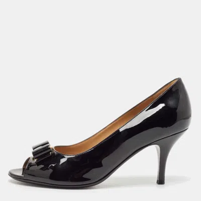 Pre-owned Ferragamo Black Patent Leather Vara Bow Peep Toe Pumps Size 38