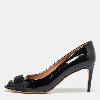 Pre-owned Ferragamo Black Patent Leather Vara Bow Peep Toe Pumps Size 40