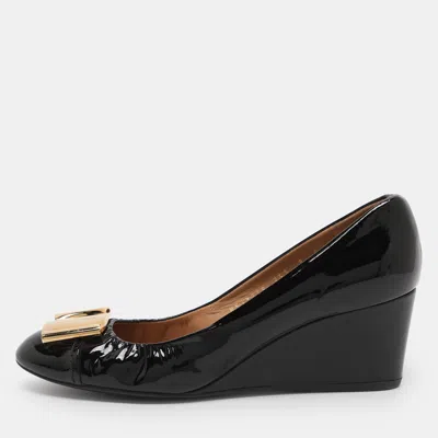 Pre-owned Ferragamo Black Patent Leather Wedge Pumps Size 39.5