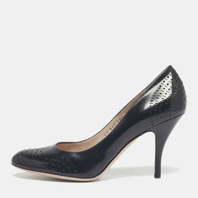 Pre-owned Ferragamo Black Perforated Leather Round Toe Pumps Size 38.5
