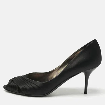 Ferragamo Black Pleated Satin Societe Peep Toe Pumps