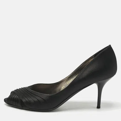 Pre-owned Ferragamo Black Pleated Satin Societe Peep Toe Pumps Size 39.5