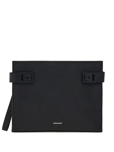 Ferragamo Black Pouch With Gancini Buckles