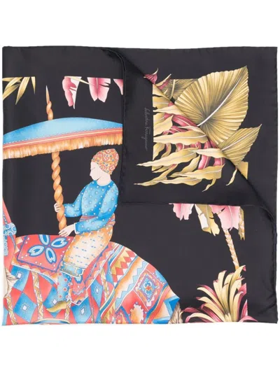 FERRAGAMO BLACK PRINT FOULDER SCARF