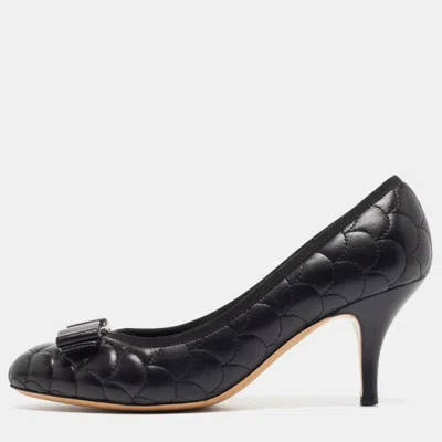 Pre-owned Ferragamo Black Quilted Leather Bow Pumps Size 36.5