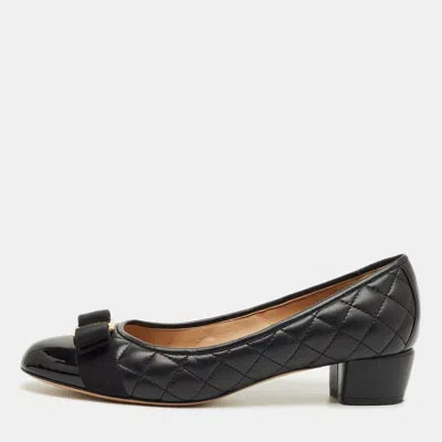 Pre-owned Ferragamo Black Quilted Leather Vara Bow Block Heel Pumps Size 39.5