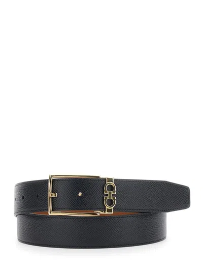 Ferragamo Black Reversible Belt With Gancini Buckle Belt In Grained Leather Man In Burgundy