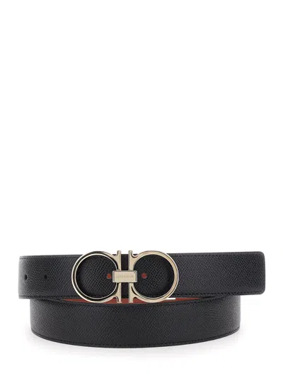 Ferragamo Black Reversible Belt With Gancini Buckle Closure In Grained Leather Man
