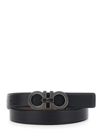 Ferragamo Black Reversible Belt With Gancini Buckle In Leather Man