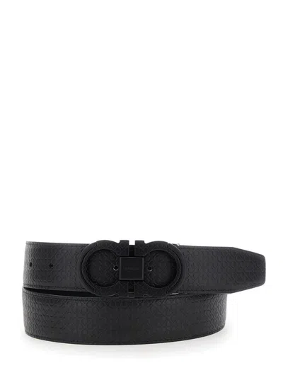 FERRAGAMO BLACK REVERSIBLE BELT WITH GANCINI BUCKLE ON THE FRONT AND ALL-OVER GANCINI MOTIF