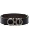 Ferragamo Adjustable Reversible Leather Belt With Textured Finish In Black