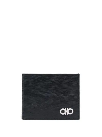 Ferragamo Black Gancini Wallet In Nero Fjord Blue