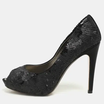 Pre-owned Ferragamo Black Satin And Sequins Embellished Peep Toe Pumps Size 40