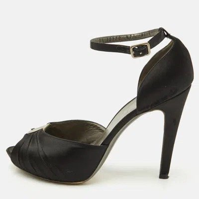 Pre-owned Ferragamo Black Satin Ankle Strap Platform Sandals Size 39.5