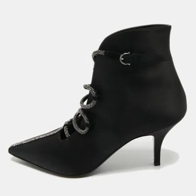 Pre-owned Ferragamo Black Satin Ciconia Embellished Ankle Length Boots Size 40