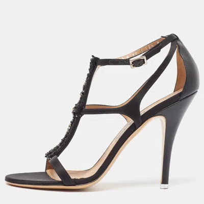 Ferragamo Black Satin Crystal Embellished Ankle Strap Sandals