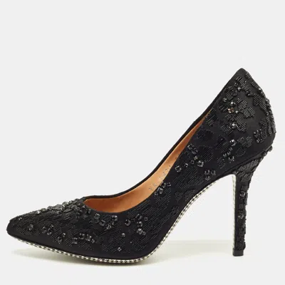 Pre-owned Ferragamo Black Satin Crystal Embellished Pointed Toe Pumps Size 37