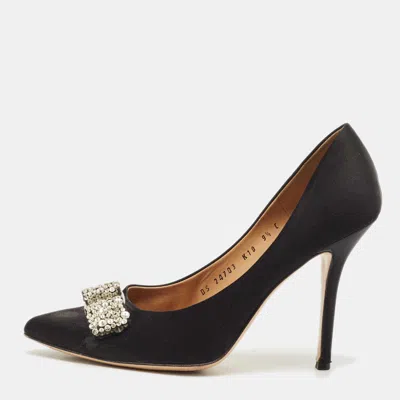Ferragamo Black Satin Crystal Embellished Vara Bow Pumps