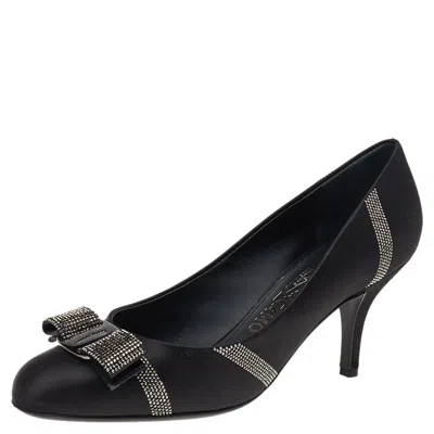 Ferragamo Black Satin Crystal Embellished Vara Bow Pumps