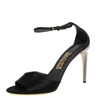 Ferragamo Black Satin Embellished Heel Ankle Strap Sandals