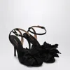 Ferragamo Black Satin Flower Sandals In Black