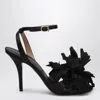 Ferragamo Black Satin Flower Sandals In Black