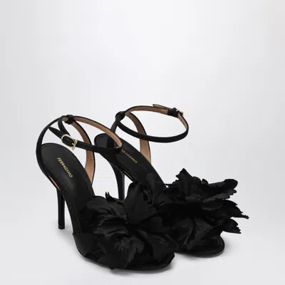 FERRAGAMO BLACK SATIN FLOWER SANDALS