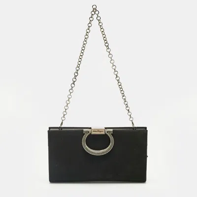 Ferragamo Black Satin Musa Gancini Chain Clutch