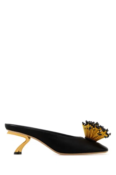 Ferragamo Black Sandals With Low Heel And Crystal Embellishment On The Front In Fabric Woman