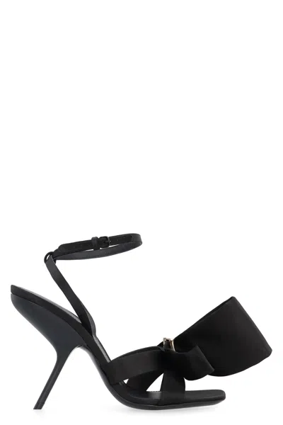 FERRAGAMO BLACK SATIN SANDALS WITH FRONT BOW AND ADJUSTABLE ANKLE STRAP