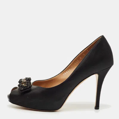 Pre-owned Ferragamo Black Satin Vara Bow Peep Toe Pumps Size 36.5
